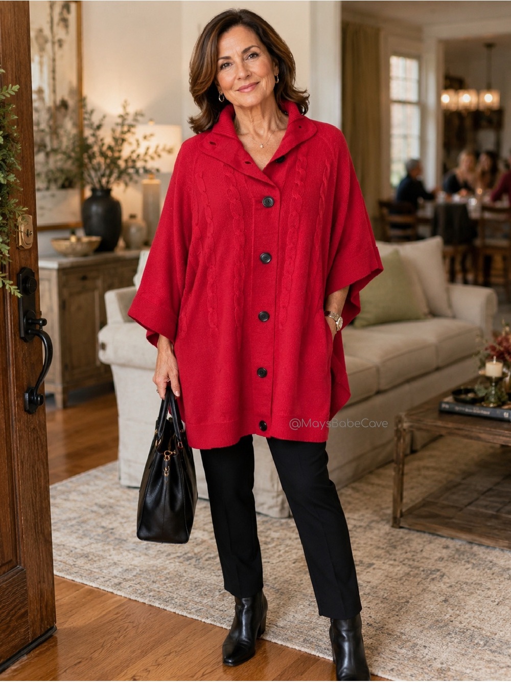 New Red Poncho Cape Cable Knit Sweater OSFM